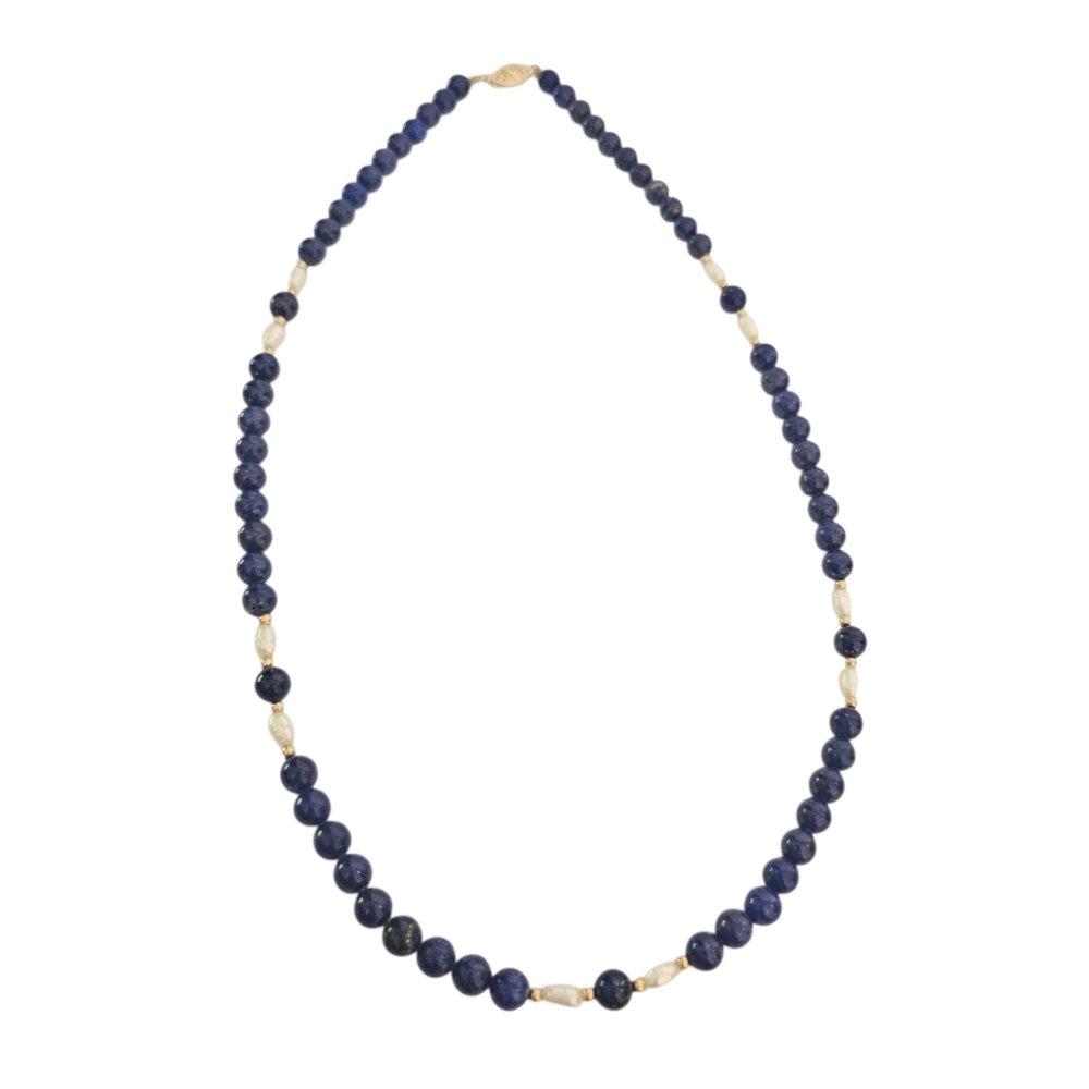 Vintage 6mm Lapis Lazuli Pearl & Gold Bead Necklace w/ 14k Gold Clasp Stunning